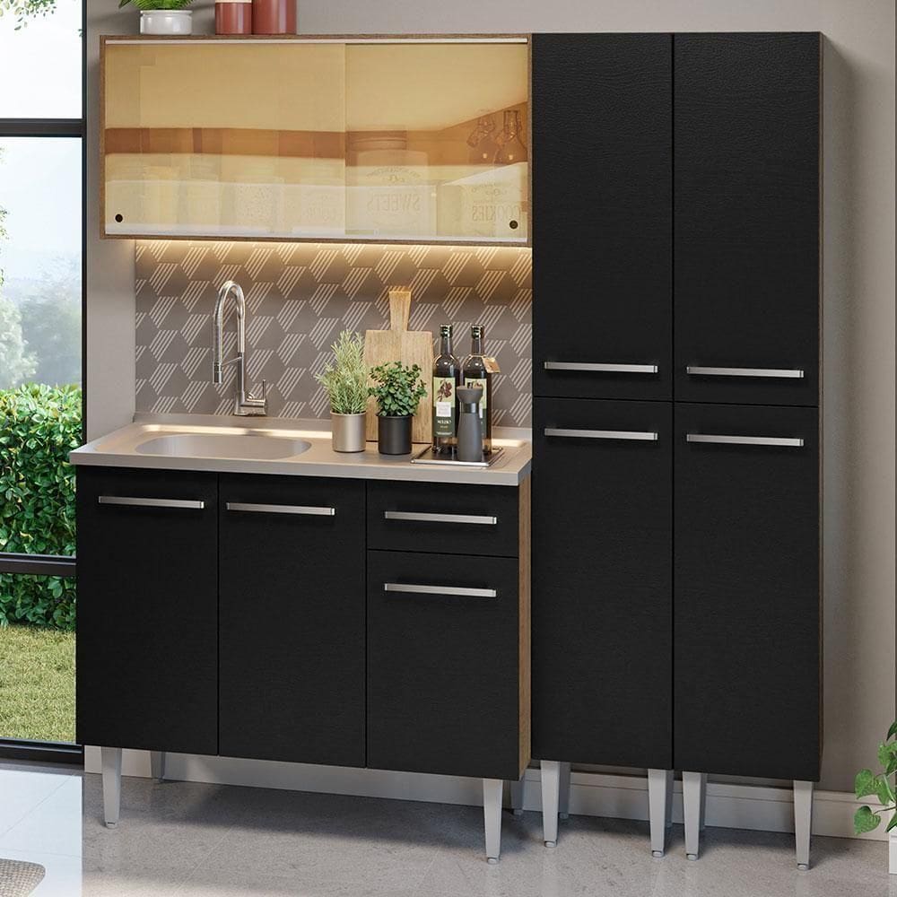 Armário De Cozinha Compacta 169cm Com Pia Rustic/preto Emilly Madesa 12 Rustic/preto Rustic/preto