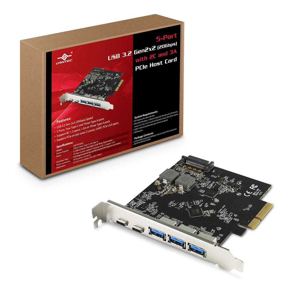 Placa de hospedagem PCIe Vantec de 5 portas USB 3.2 Gen2x2 de 20 Gbps