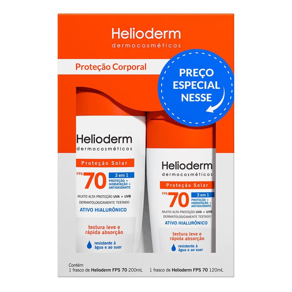 Kit Protetor Solar Corporal Helioderm 3 em 1 FPS 70 200ml e Protetor Solar Corporal Helioderm 3 em 1 FPS 70 120ml