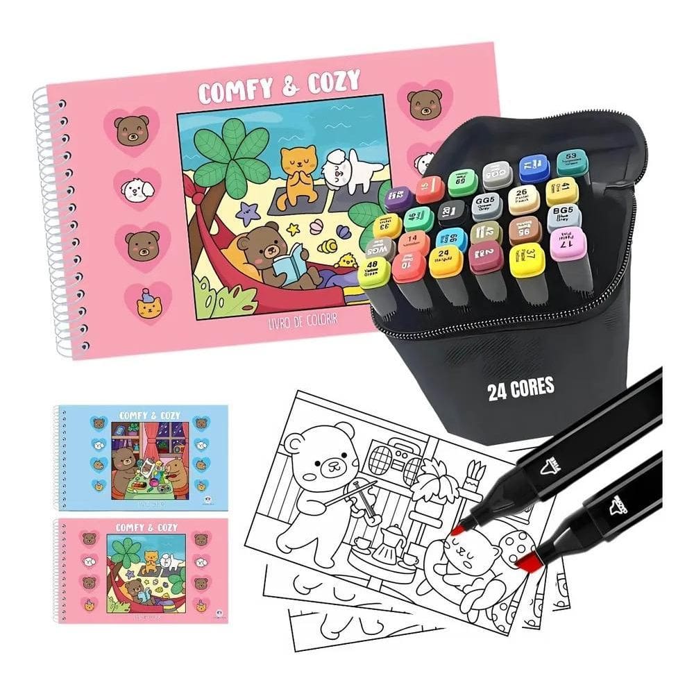 10X Kit 1 Livro De Colorir Comfy E Cozy 96 Páginas + 24 Can