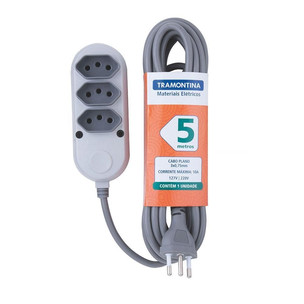 Extensão 3 Tomadas 2P+T 10A 250V 5m - 57504021 - TRAMONTINA