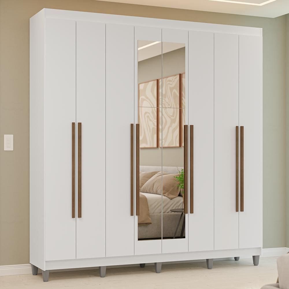 Guarda-roupa Casal Com Pés 8 Portas Batentes Com Espelho Branco-branco-rustic Venus Madesa
