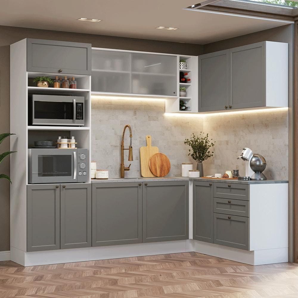 Armário De Cozinha Completa De Canto 399 Cm Branco/cinza Vik Madesa 01 Branco/cinza