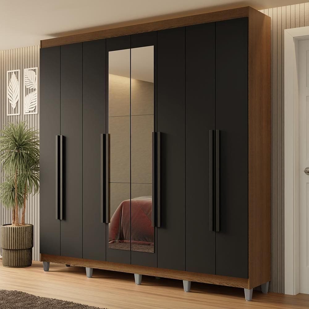Guarda-roupa Casal Com Pés 8 Portas Batentes Com Espelho Rustic-preto-preto Netuno Madesa
