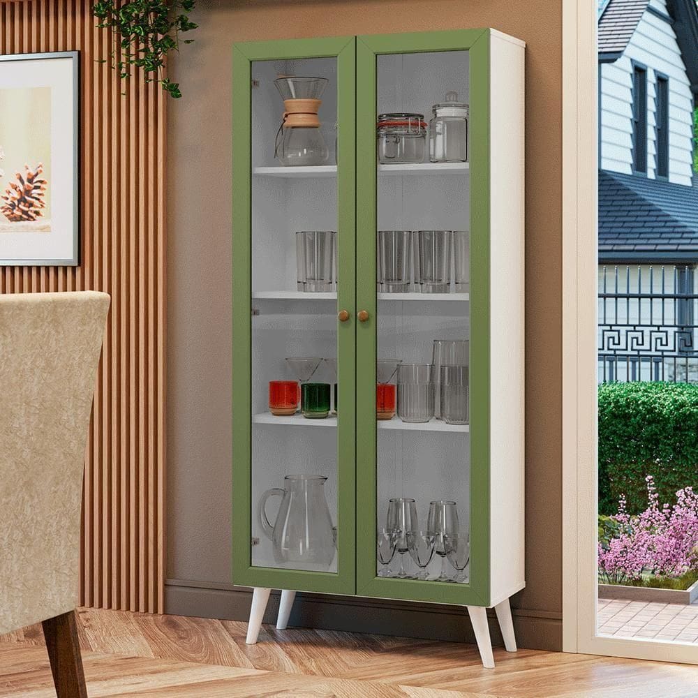 Cristaleira 70 Cm 2 Portas De Vidro Com Pés Cônicos Branco-verde-branco Vik Madesa