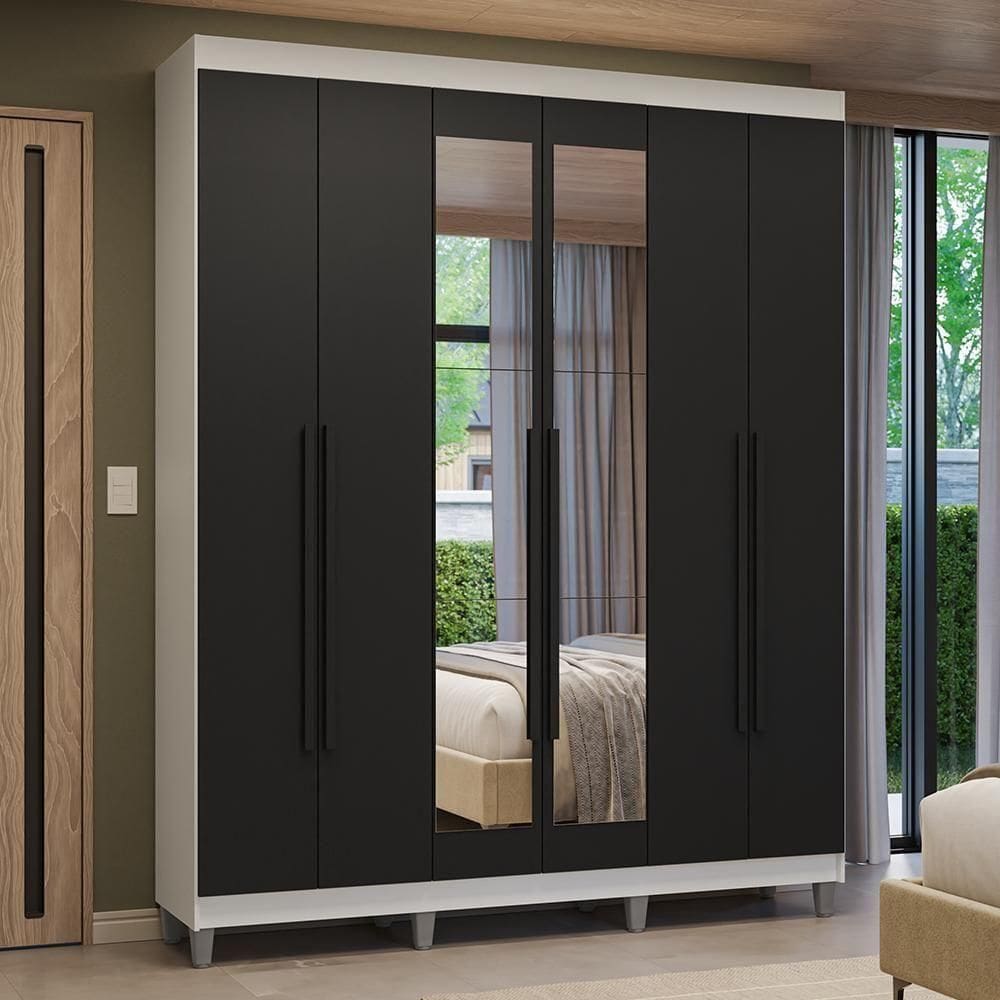 Guarda-roupa Casal Com Pés 6 Portas Batentes Com Espelho Branco-preto-preto Venus Madesa