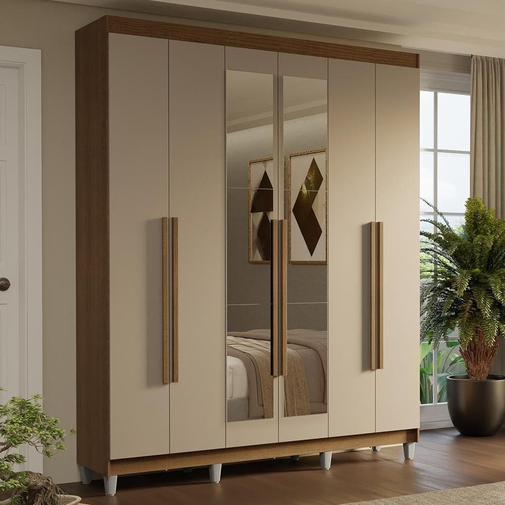 Guarda-roupa Casal Com Pés 6 Portas Batentes Com Espelho Rustic-crema-rustic Saturno Madesa