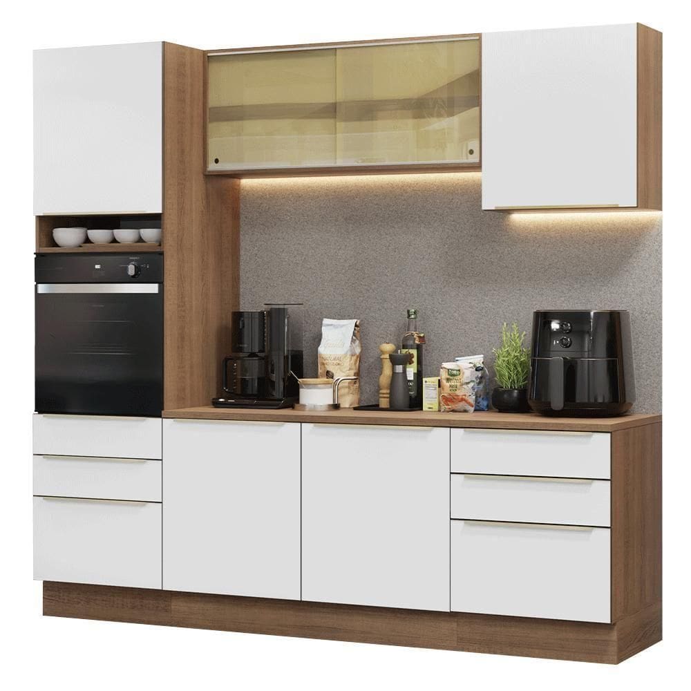 Armário De Cozinha Completa 240cm Rustic/branco Veludo Lux Madesa 08 Rustic/branco Veludo Rustic/branco Veludo