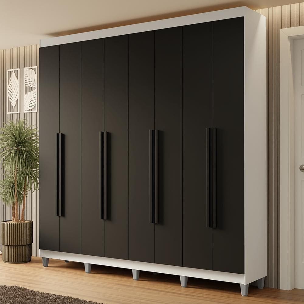 Guarda-roupa Casal Com Pés 8 Portas Batentes Branco-preto-preto Netuno Madesa