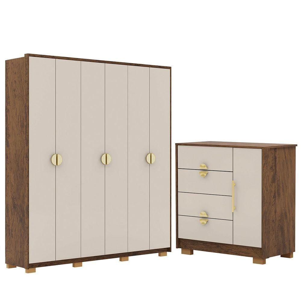 Guarda-roupa 6 Portas 100% Mdf E Cômoda Sapateira 4 Gavetas Spain Imbuia Fendi