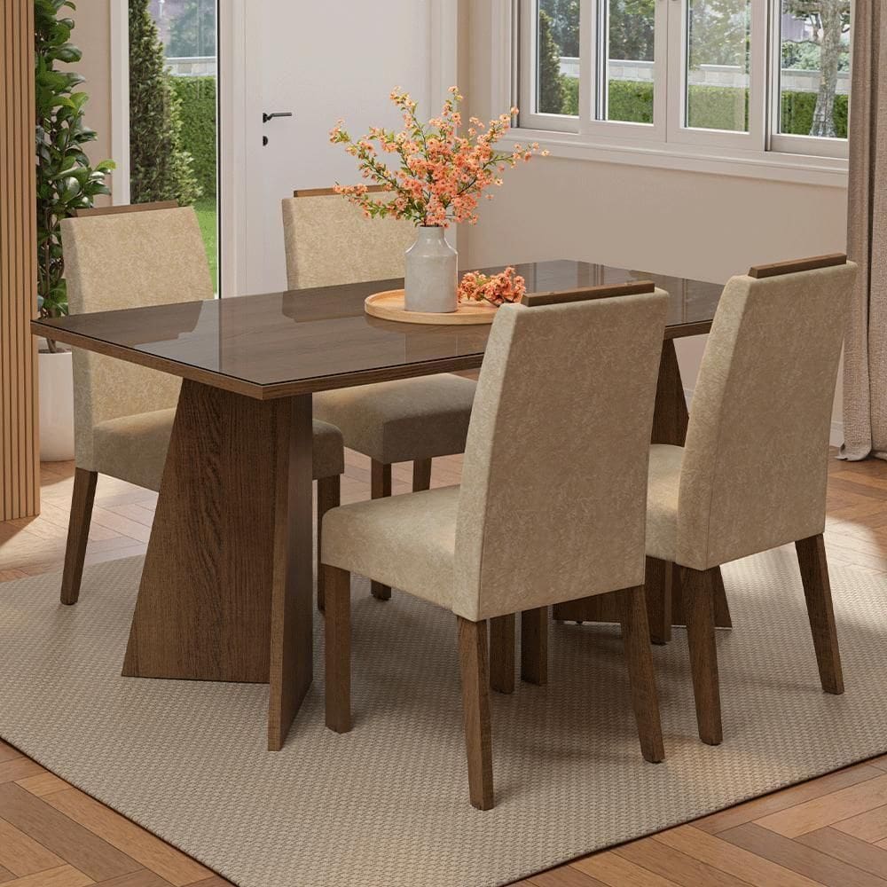 Conjunto Sala De Jantar Tampo De Vidro 4 Cadeiras Rustic/imperial Braga Madesa