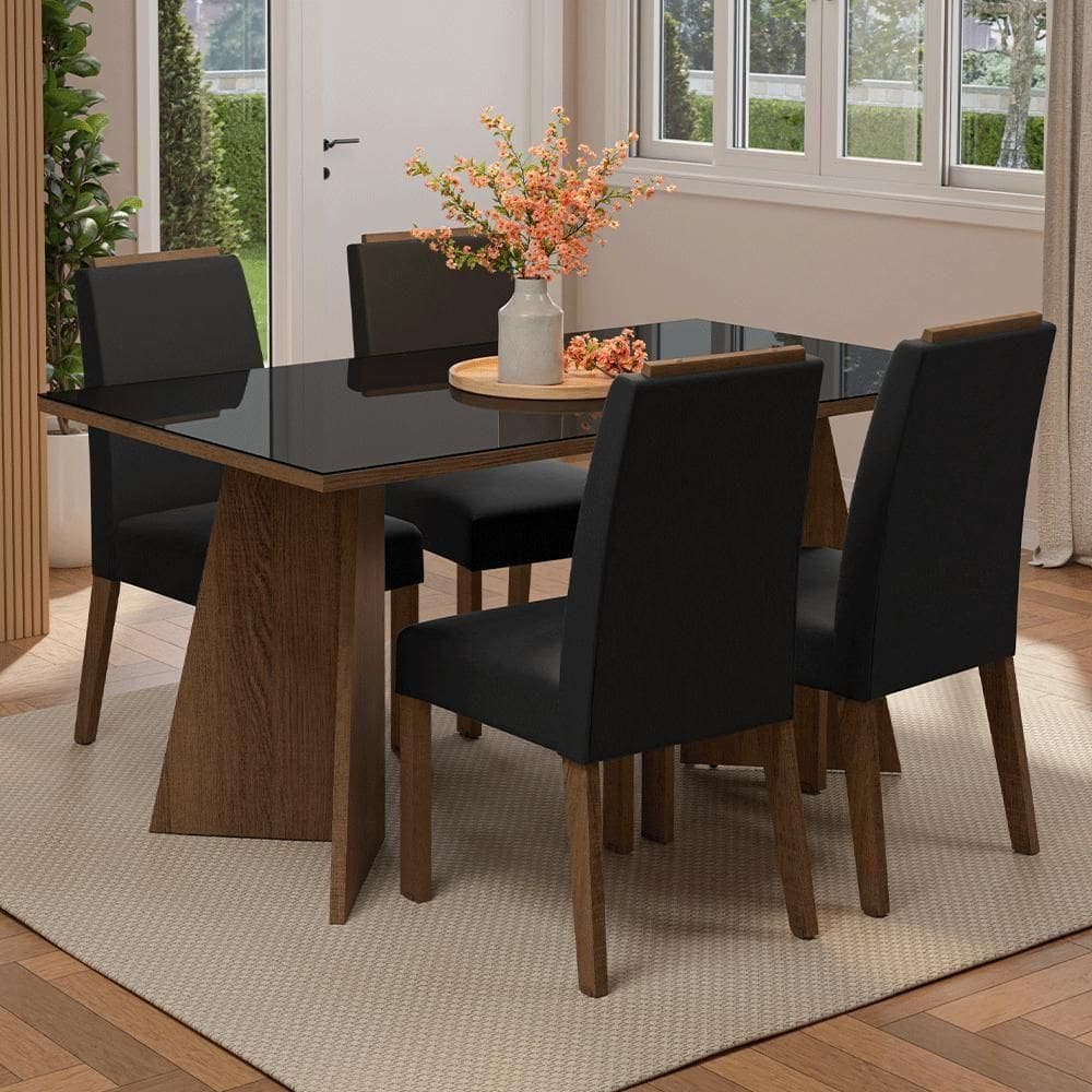 Conjunto Sala De Jantar Tampo De Vidro 4 Cadeiras Rustic/preto/oxford Braga Madesa
