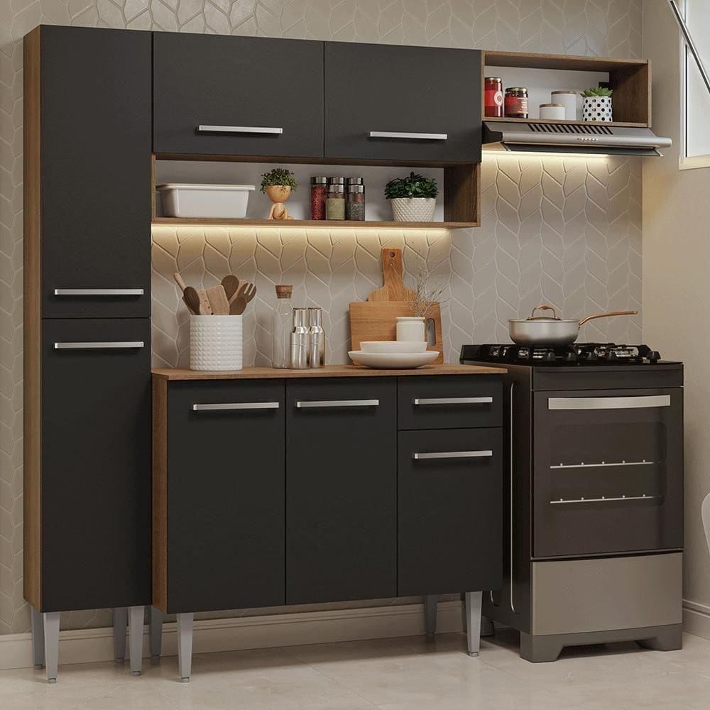 Armário De Cozinha Completa 197 Cm Rustic-preto Emilly Madesa 02