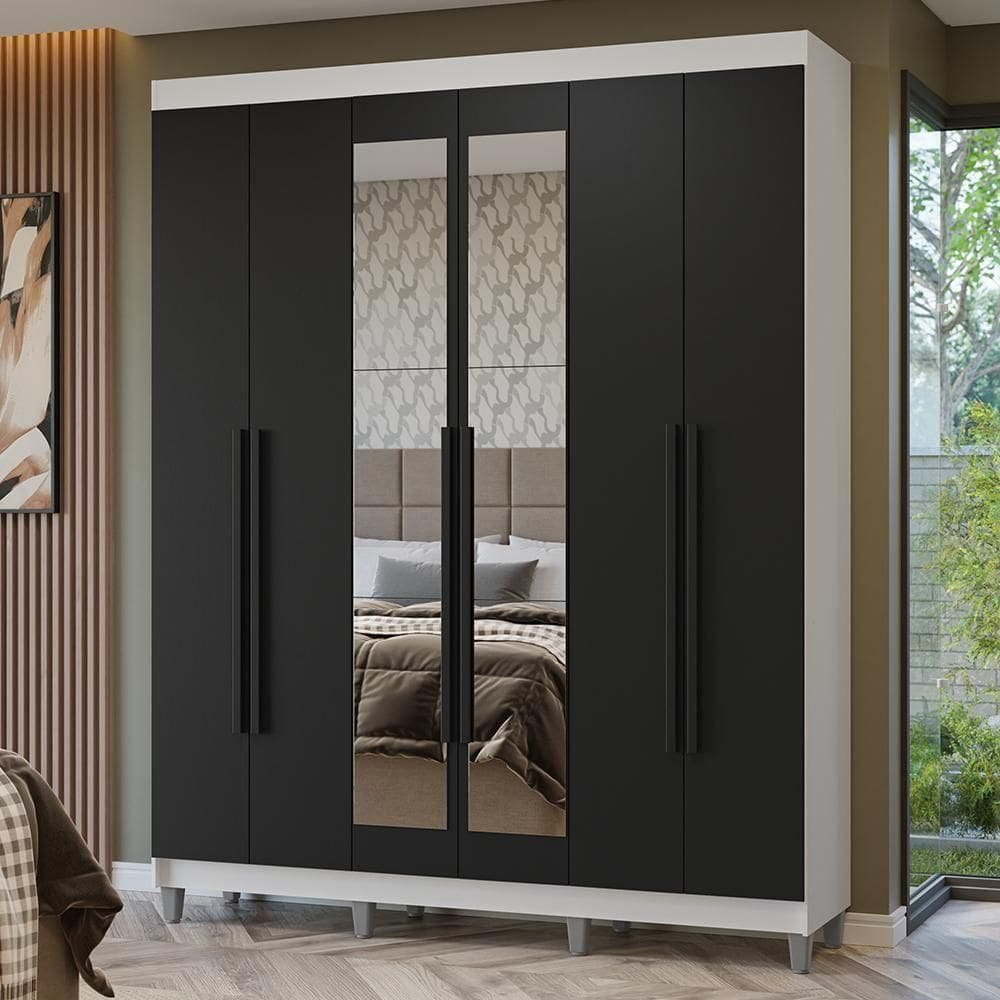 Guarda-roupa Casal Com Pés 6 Portas Batentes Com Espelho Branco-preto-preto Netuno Madesa
