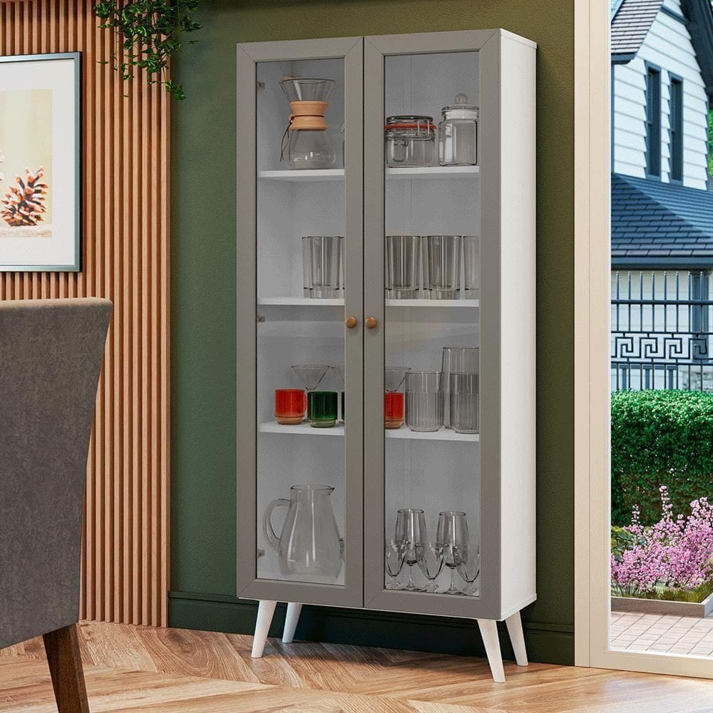 Cristaleira 70 Cm 2 Portas De Vidro Com Pés Cônicos Branco-cinza-branco Vik Madesa