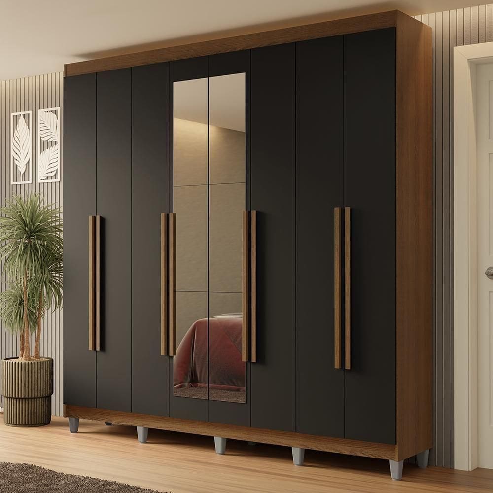 Guarda-roupa Casal Com Pés 8 Portas Batentes Com Espelho Rustic-preto-rustic Netuno Madesa