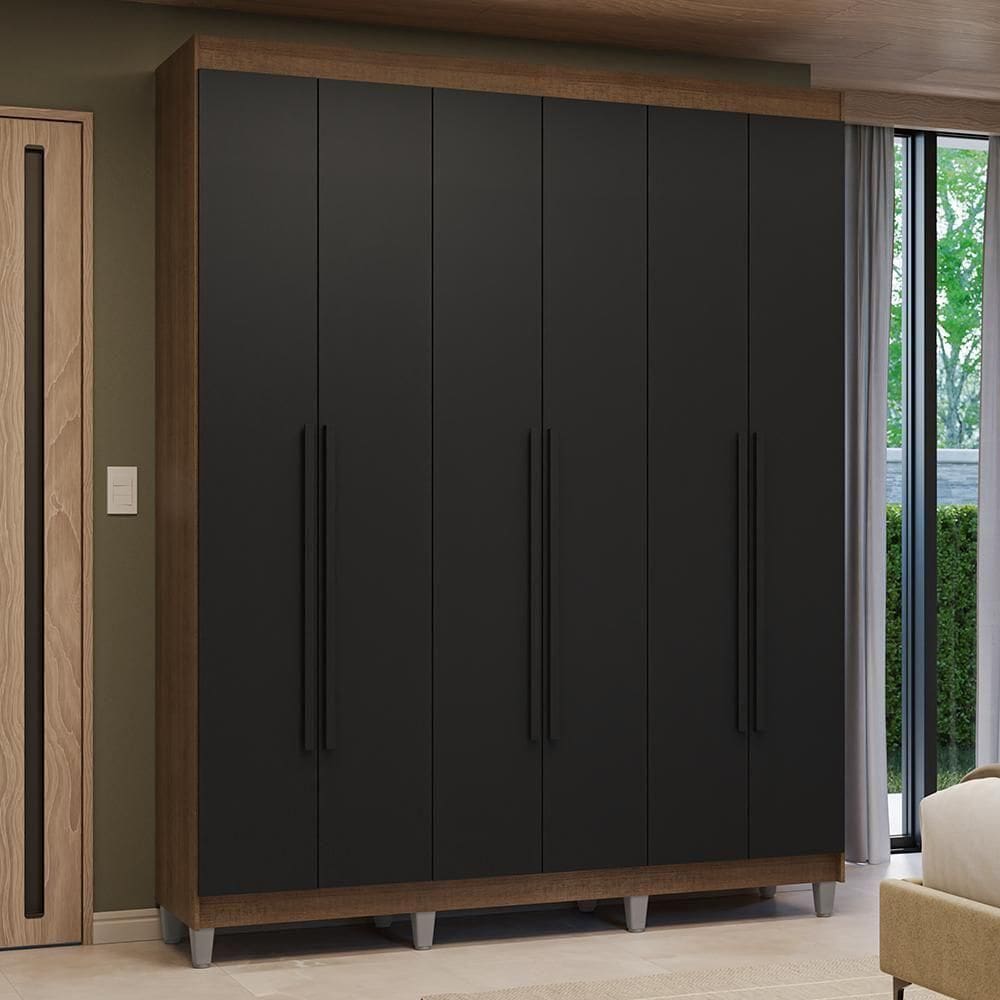 Guarda-roupa Casal Com Pés 6 Portas Batentes Rustic-preto-preto Venus Madesa