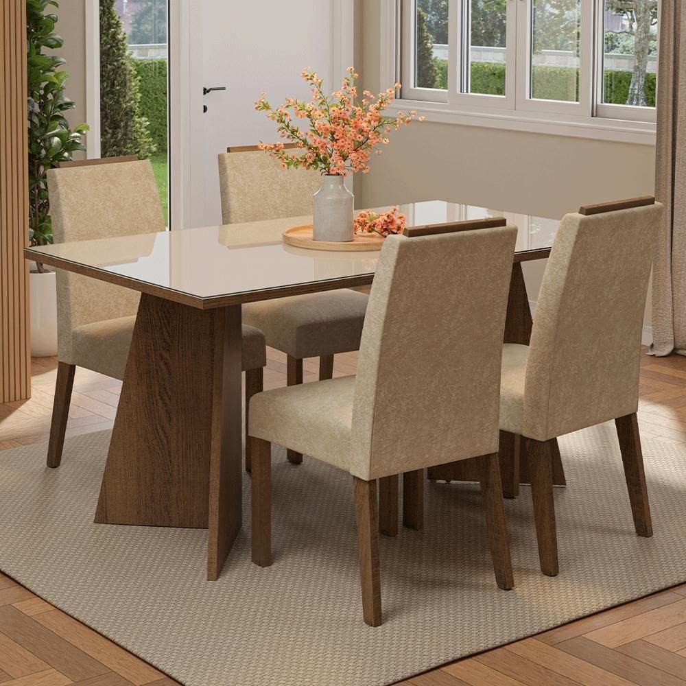 Conjunto Sala De Jantar Tampo De Vidro 4 Cadeiras Rustic/crema/imperial Braga Madesa