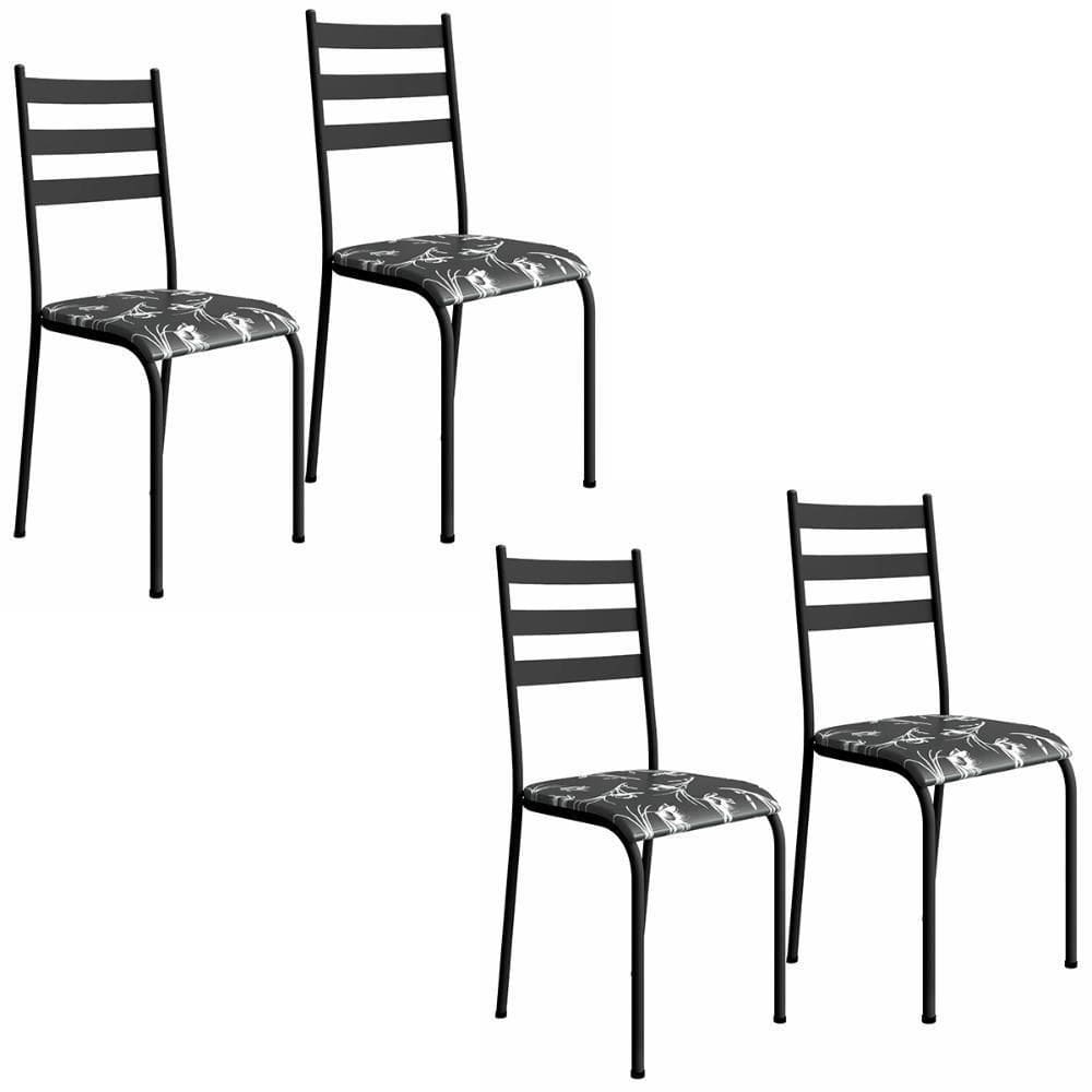 Kit 4 Cadeiras 541 Sala Jantar Cozinha Pés Aço Tubular Floral Preto