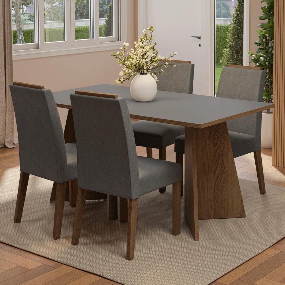 Conjunto Sala De Jantar Tampo De Madeira 4 Cadeiras Rustic/cinza/silver évora Madesa