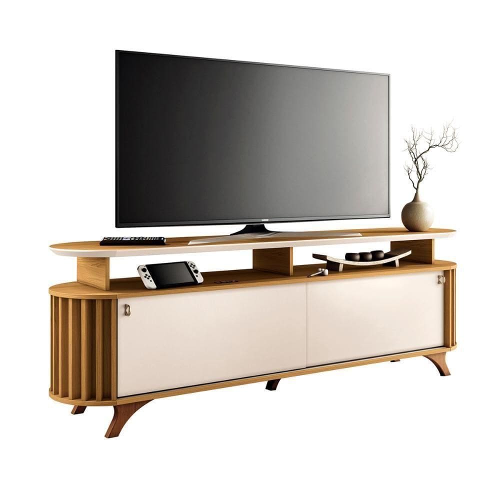 Rack Bancada Alba Tv Até 70 Polegadas Pés Madeira Maciça Cinamomo Off White