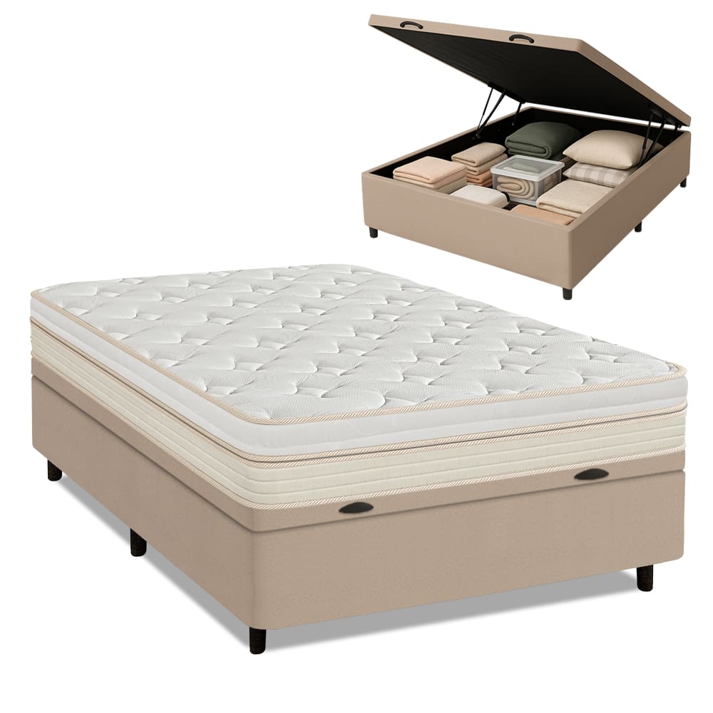 Cama Box Baú Casal Molas Ensacadas Memphis 138x188x73cm Branco/Bege