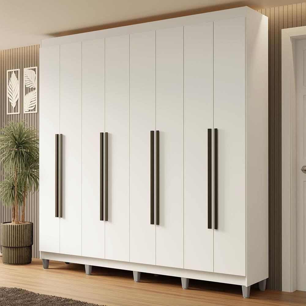 Guarda-roupa Casal Com Pés 8 Portas Batentes Branco-branco-preto Netuno Madesa