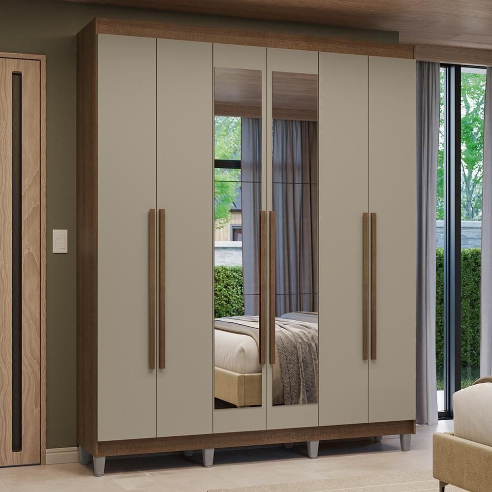 Guarda-roupa Casal Com Pés 6 Portas Batentes Com Espelho Rustic-crema-rustic Venus Madesa