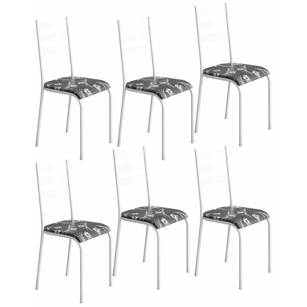 Kit 6 Cadeiras 541 Sala Jantar Cozinha Pés Aço Tubular Floral Branco