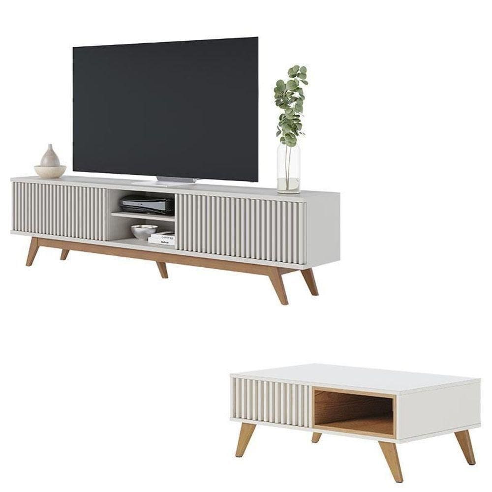 Rack Bancada Fortaleza Off White Matte Com Mesa De Centro Jeri Off White Freijó - Colibri