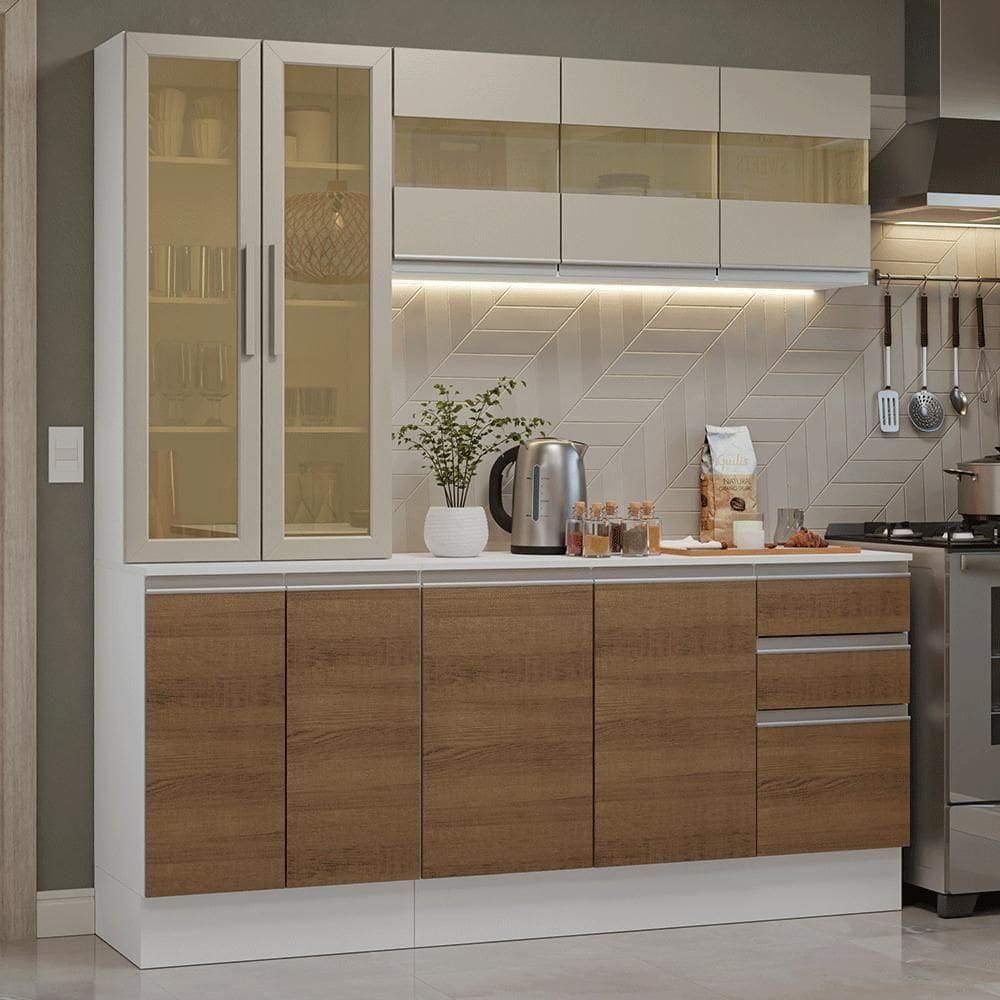 Armário De Cozinha Compacta 100% Mdf 180 Cm Branco/rustic/crema Smart Madesa 03 Branco/rustic/crema Branco/rustic/crema
