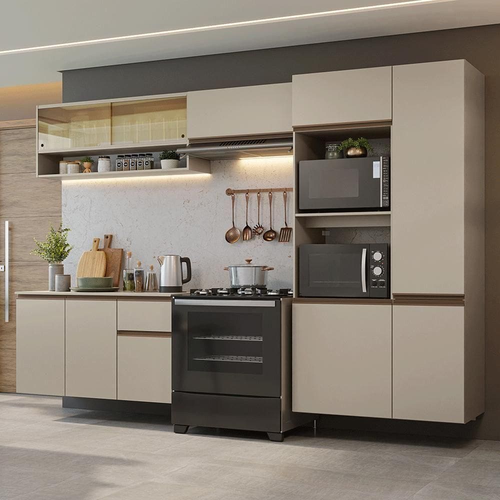 Armário De Cozinha Completa 300 Cm Suspenso Nice Madesa 07 Crema