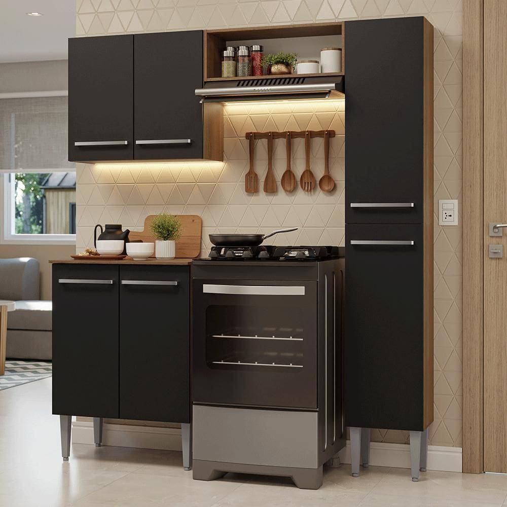 Armário De Cozinha Compacta 156 Cm Rustic-preto Emilly Madesa 02