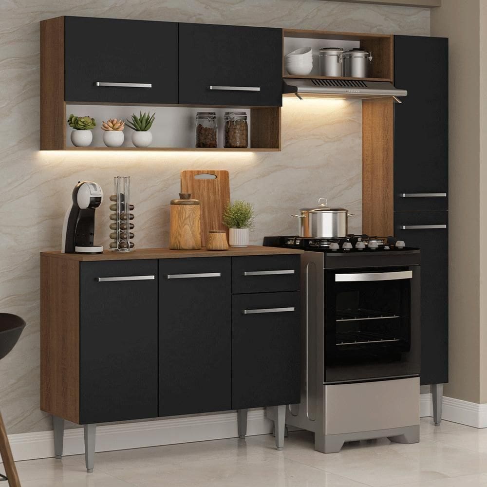 Armário De Cozinha Completa 197 Cm Rustic-preto Emilly Madesa 01
