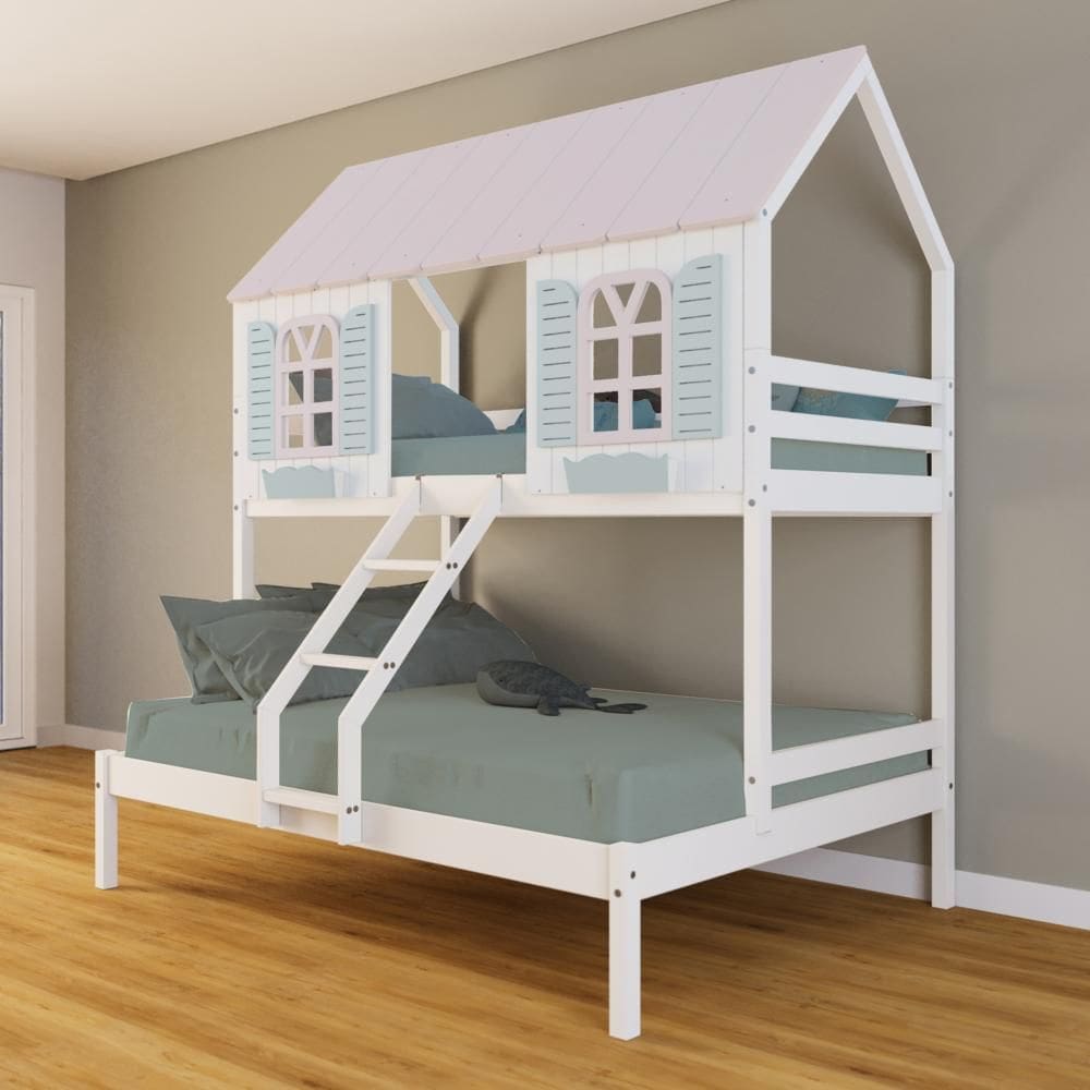 Beliche Casal/ Solteiro Casinha Bela - Madeira Maciça Branco/Rosa/Verde | Housin