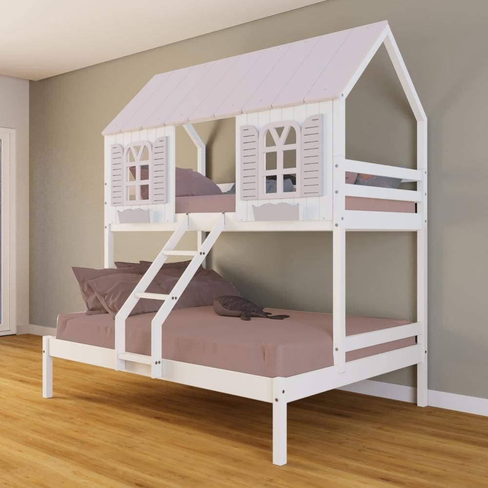Beliche Casal/ Solteiro Casinha Bela - Madeira Maciça Branco/Rosa | Housin