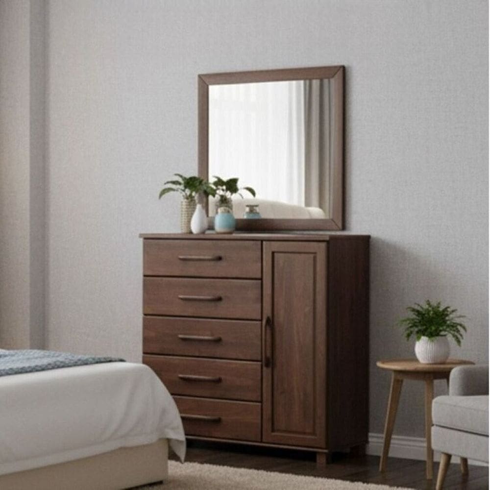 Conjunto Cômoda 5 Gavetas + Moldura com Espelho 100% Madeira Maciça - Linha Ouro Finestra Móveis Café