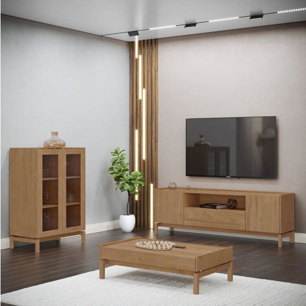Conjunto Cristaleira + Rack + Mesa de Centro em Madeira Maciça- Linha Barcelona Finestra Móveis Tauari