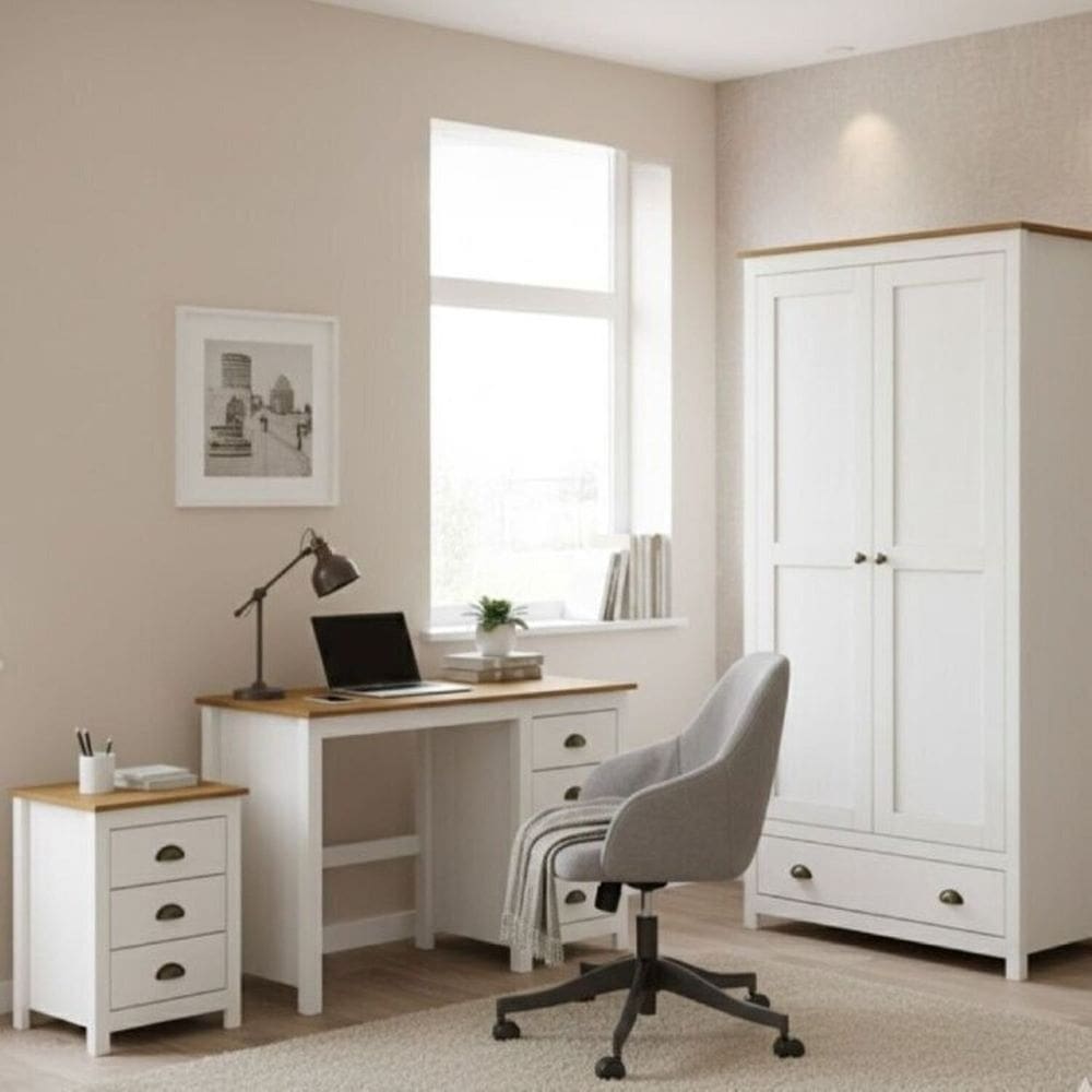 Conjunto Armário 2 Portas + Mesa de Cabeceira + Escrivaninha 100% Madeira Maciça - Topázio Finestra Branco/Freijó