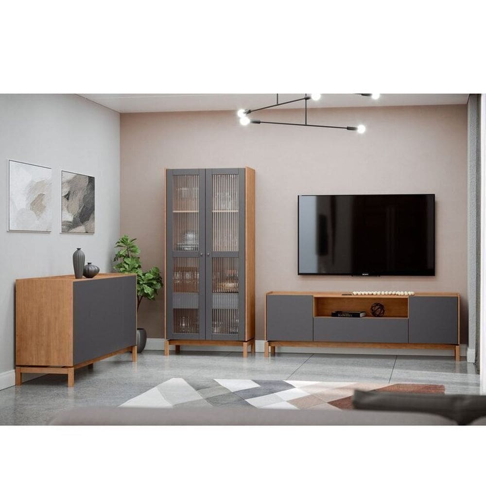 Conjunto Barcelona Finestra Móveis Cristaleira em Madeira Maciça, Balcão e Rack Tauari/Concret