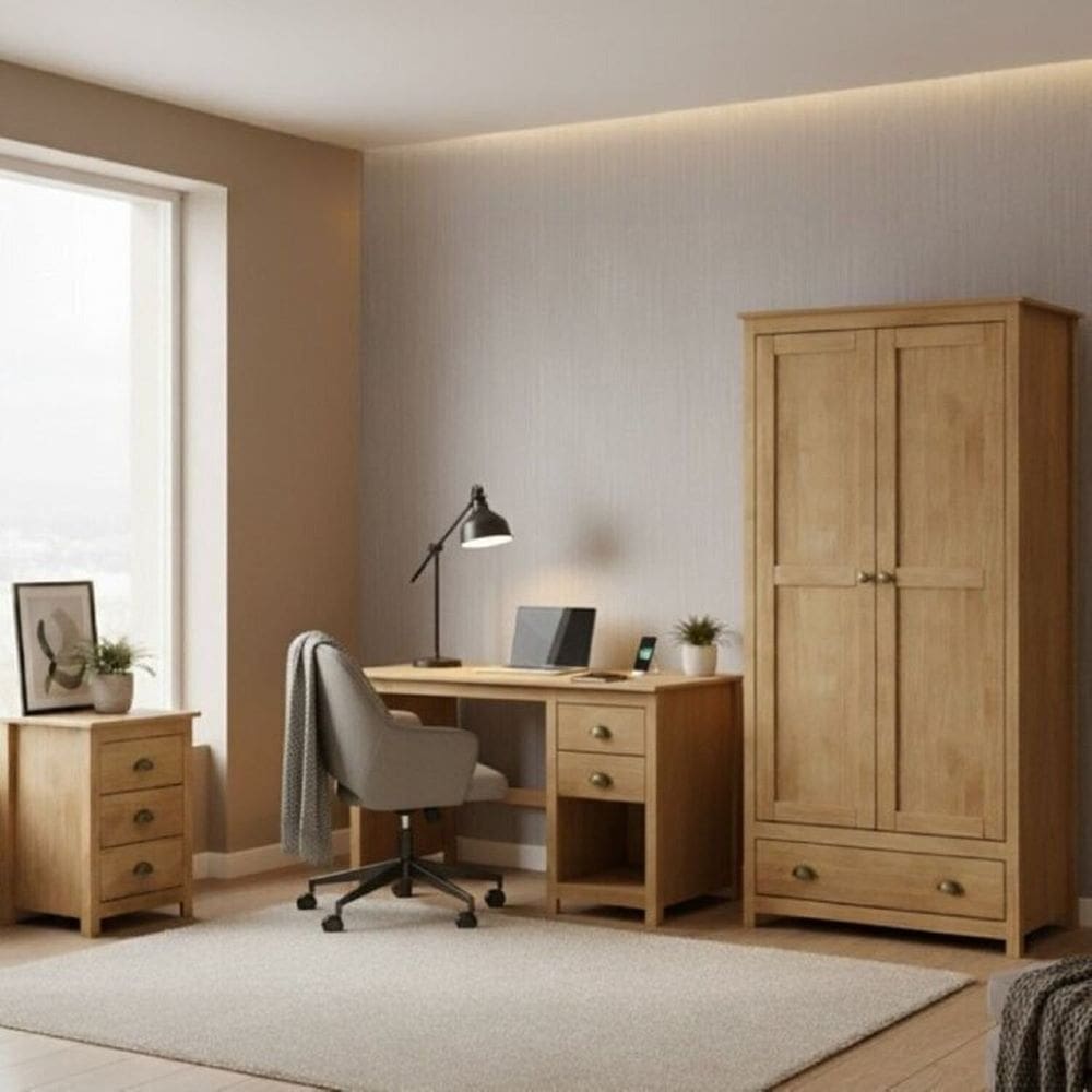 Conjunto Armário 2 Portas + Mesa de Cabeceira + Escrivaninha 100% Madeira Maciça - Topázio Finestra Freijó
