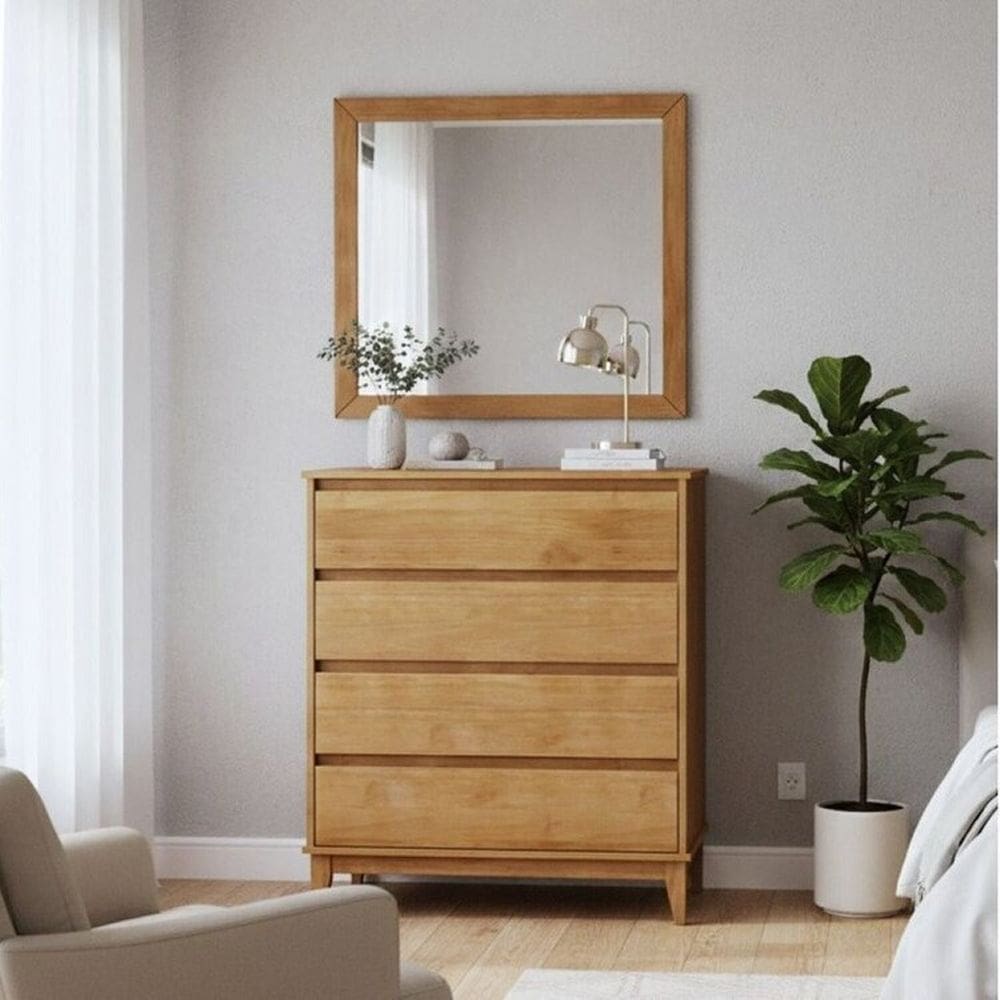Conjunto Cômoda 4 Gavetas + Moldura com espelho – Madeira Maciça e MDF – Linha Prata Finestra Móveis Freijó