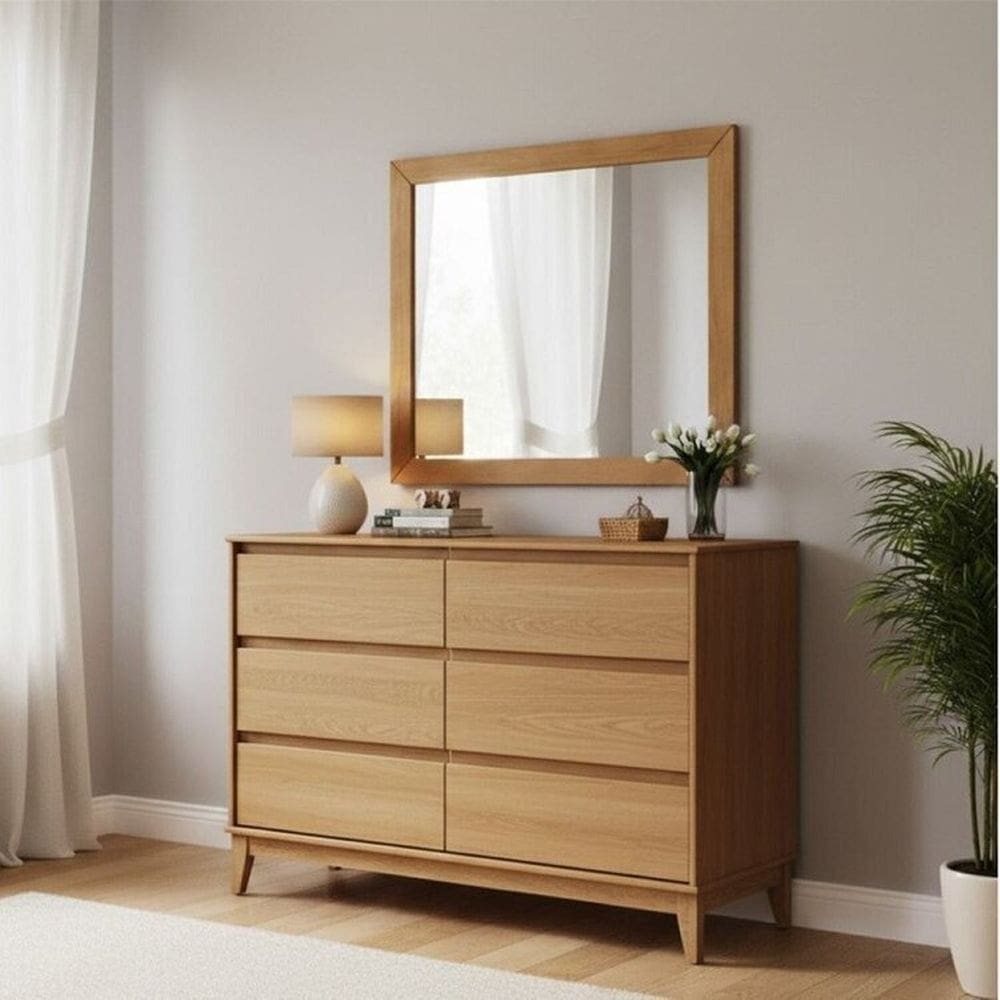 Conjunto Cômoda 6 Gavetas + Moldura com espelho – Madeira Maciça e MDF – Linha Prata Finestra Móveis Freijó