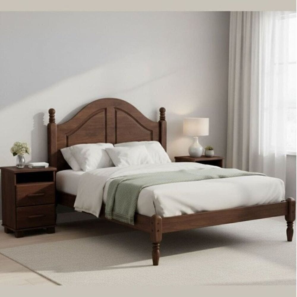 Conjunto Cama Casal 1,40m + 2 Mesas de Cabeceira 100% Madeira Maciça - Linha Ouro Finestra Móveis Café