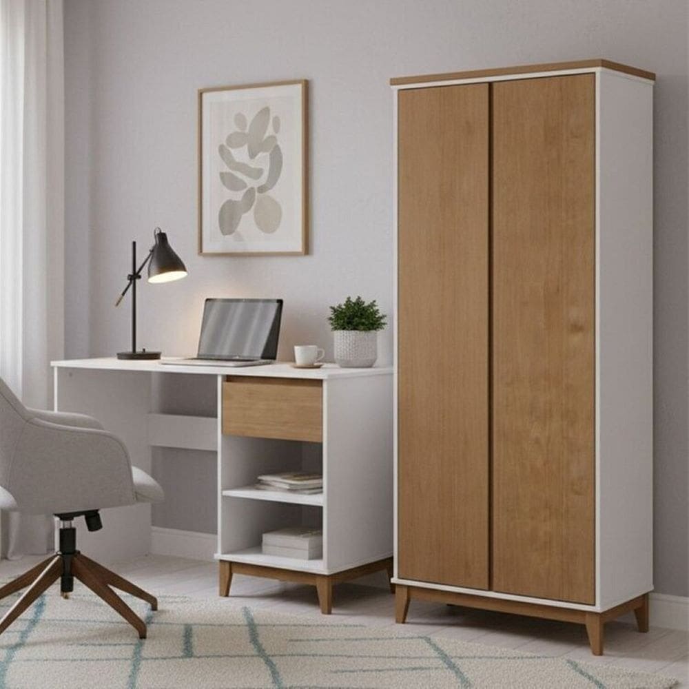 Conjunto Armário Organizador + Escrivaninha – Madeira Maciça e Mdf - Linha Prata Finestra Móveis Off White/Freijó