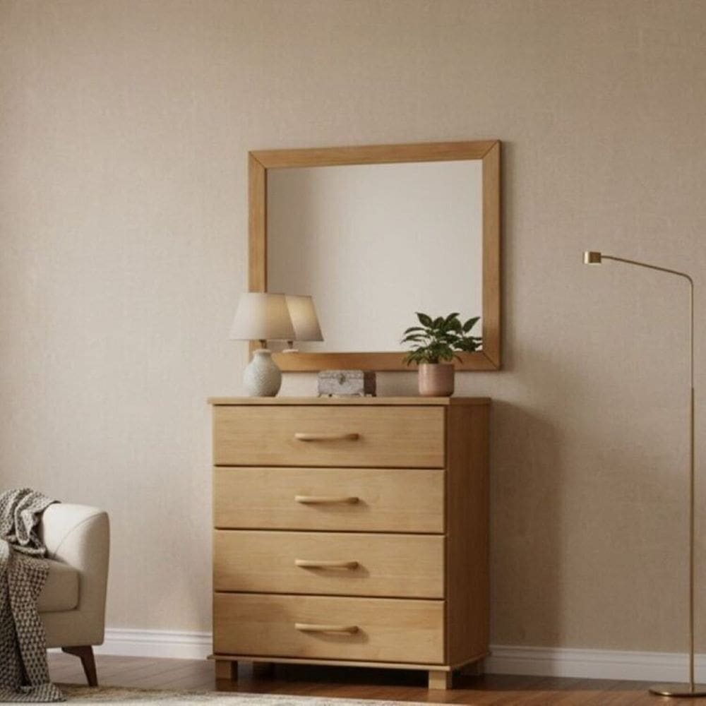 Conjunto Cômoda 4 Gavetas + Moldura com Espelho 100% Madeira Maciça - Linha Ouro Finestra Móveis Freijó
