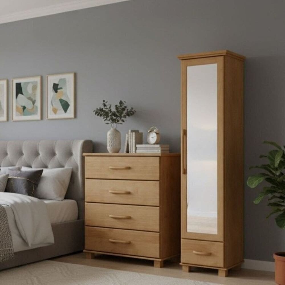 Conjunto Cômoda 4 Gavetas + Sapateira com espelho - 100% Madeira Maciça - Linha Ouro Finestra Móveis Freijó