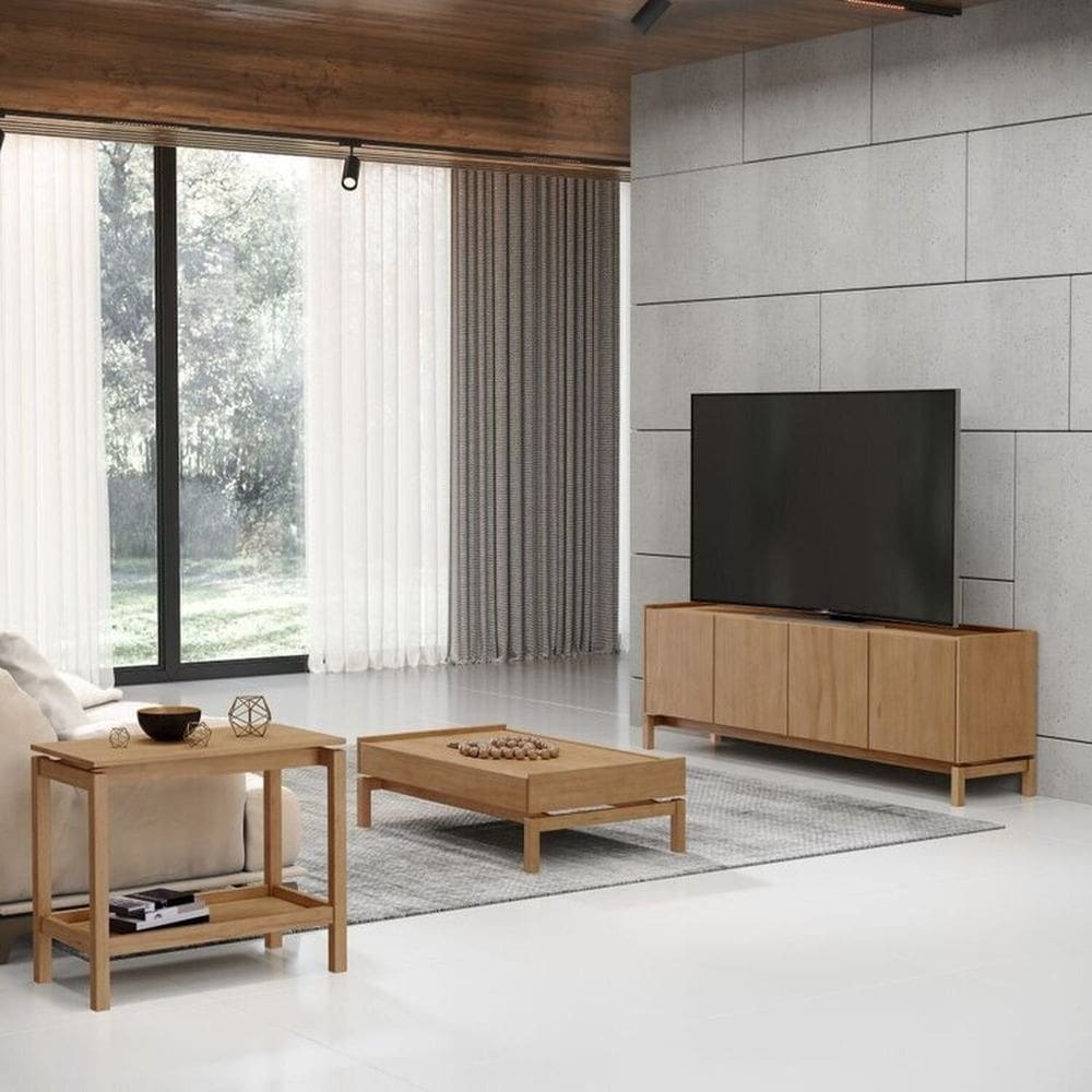 Conjunto Rack + Mesa de Centro + Mesa Lateral em Madeira Maciça - Linha Bareclona Finestra Móveis Tauari