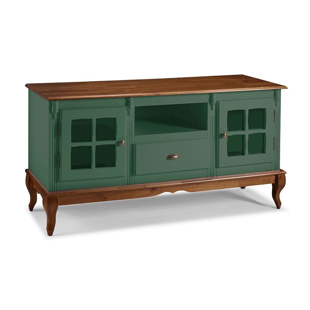Rack para Sala com Pés Luis XV 2 Portas 1 Gaveta e Nicho 60811 Hannover Linz Móveis - Verde Musgo/Imbuia Glazer