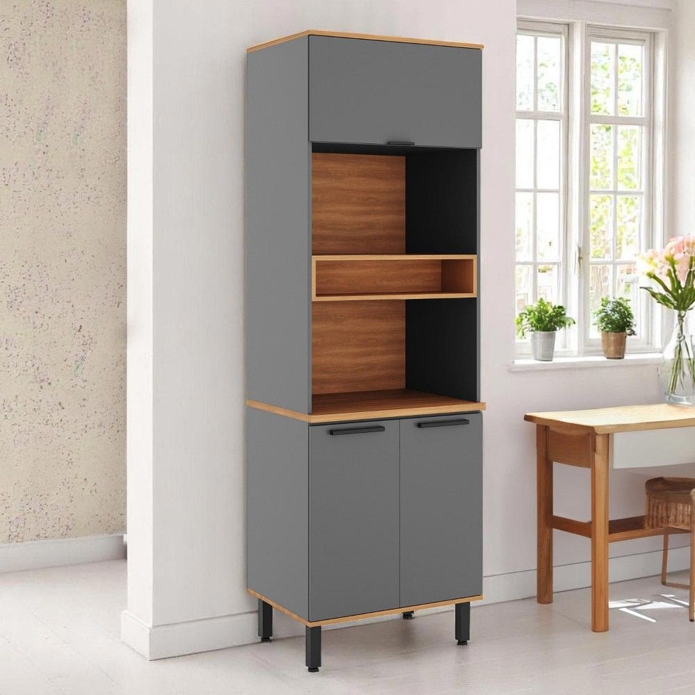 Paneleiro de Cozinha Castanha 700MM P/ Micro 3Portas C/ Vidro Cinza/Freijó